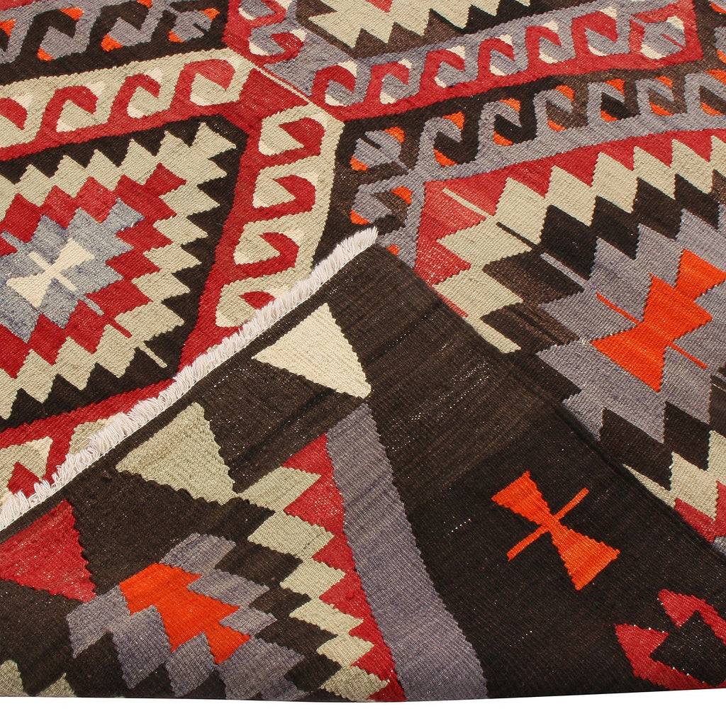 Vintage Mid-Century Geometric Black And Red Wool Kilim Rug - Blue Background - 19790