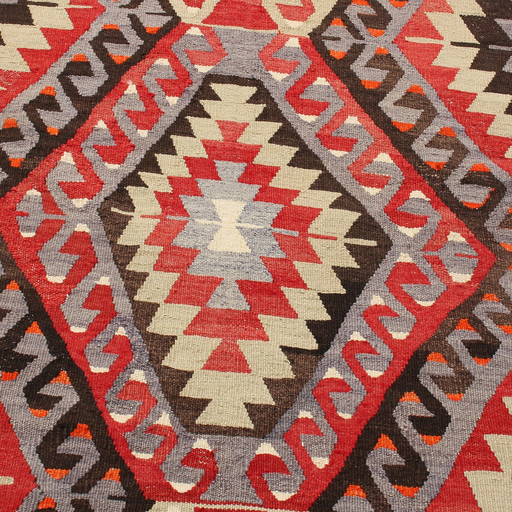 Vintage Mid-Century Geometric Black And Red Wool Kilim Rug - Blue Background - 19790