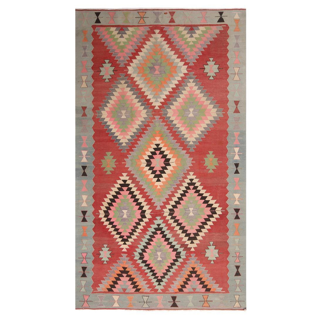 Vintage Geometric Red And Teal Wool Kilim Rug