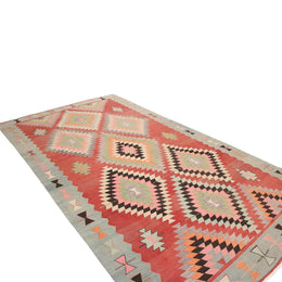 Vintage Geometric Red And Teal Wool Kilim Rug