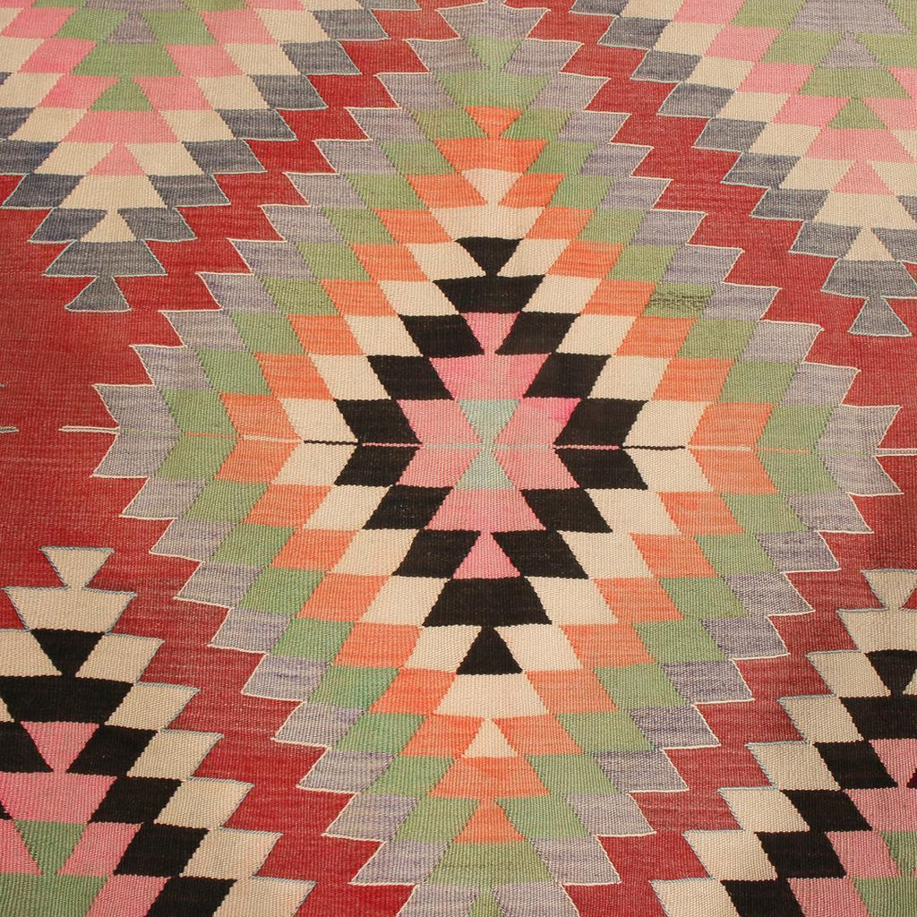 Vintage Geometric Red And Teal Wool Kilim Rug