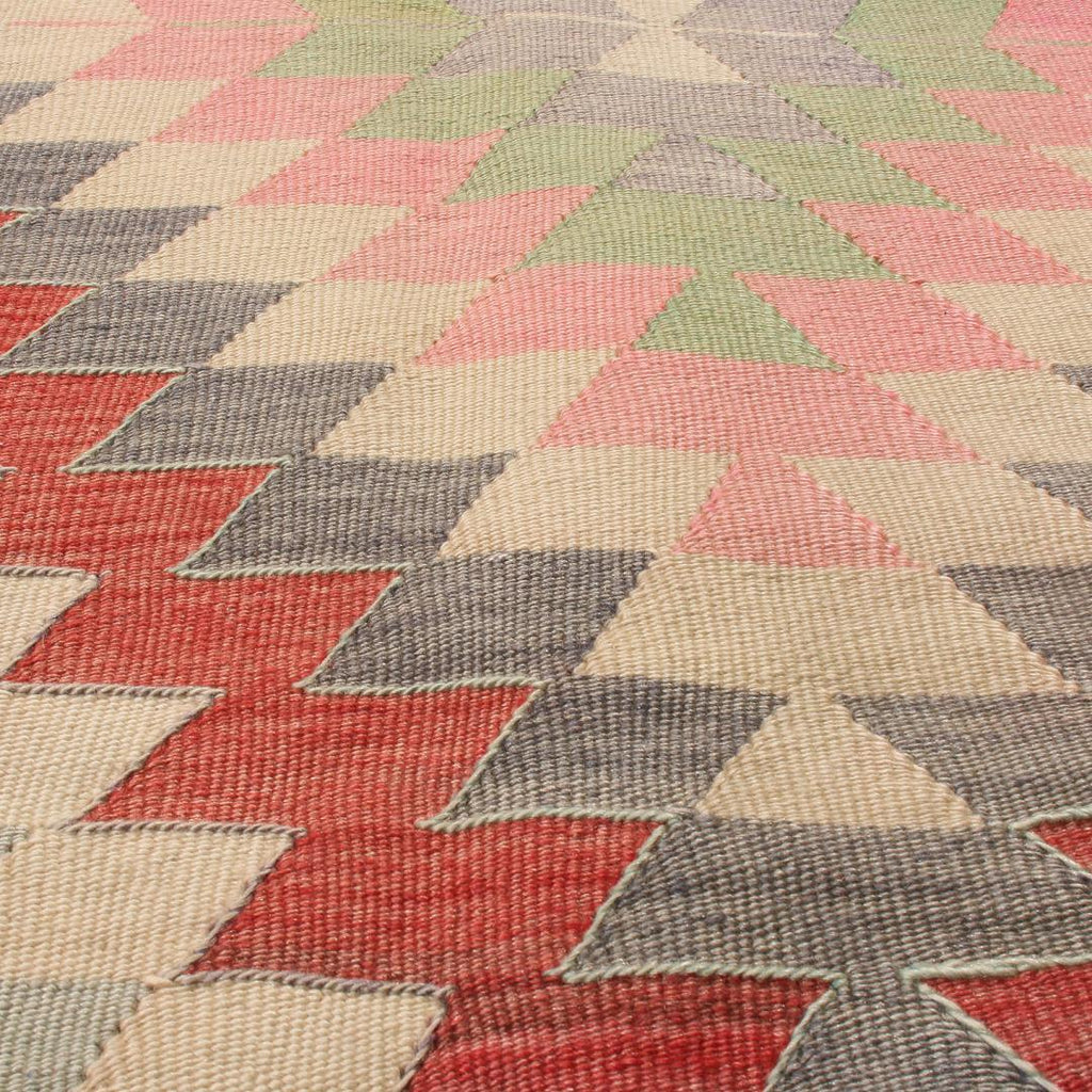 Vintage Geometric Red And Teal Wool Kilim Rug