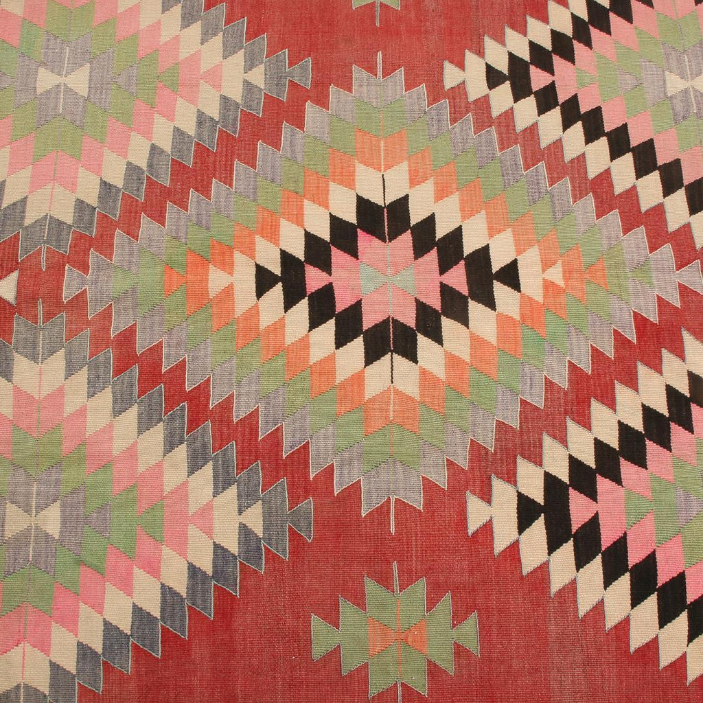 Vintage Geometric Red And Teal Wool Kilim Rug