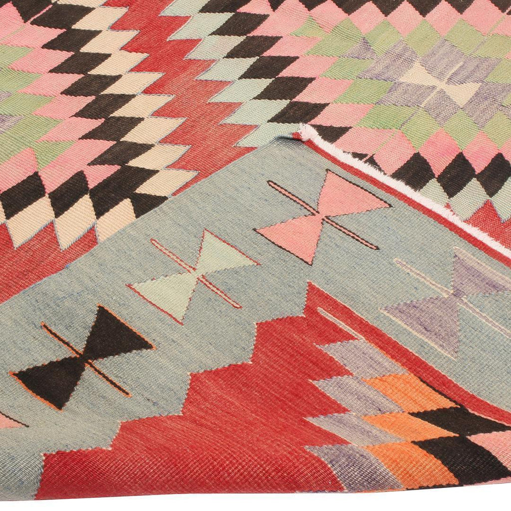 Vintage Geometric Red And Teal Wool Kilim Rug