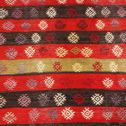 Vintage Mid-Century Geometric Red Wool Kilim - Green And Brown Stripe Pattern - 19796
