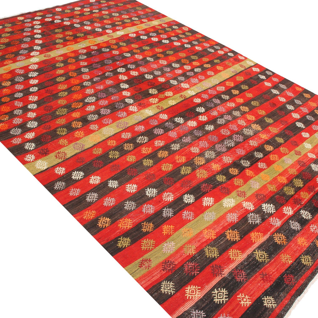 Vintage Mid-Century Geometric Red Wool Kilim - Green And Brown Stripe Pattern - 19796