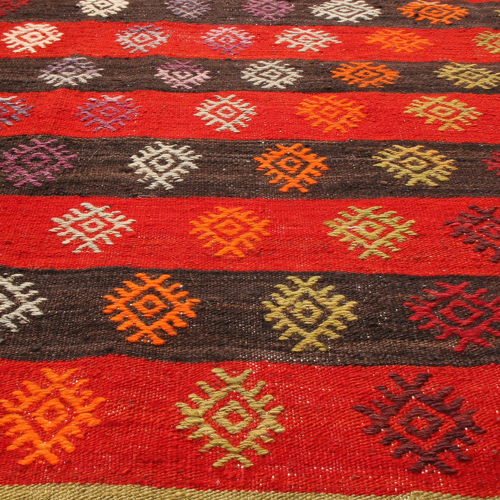 Vintage Mid-Century Geometric Red Wool Kilim - Green And Brown Stripe Pattern - 19796