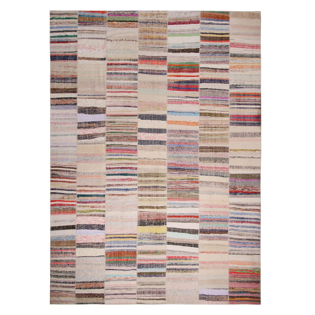 Patchwork Beige And Multi-Color Wool Kilim Rug - 19829