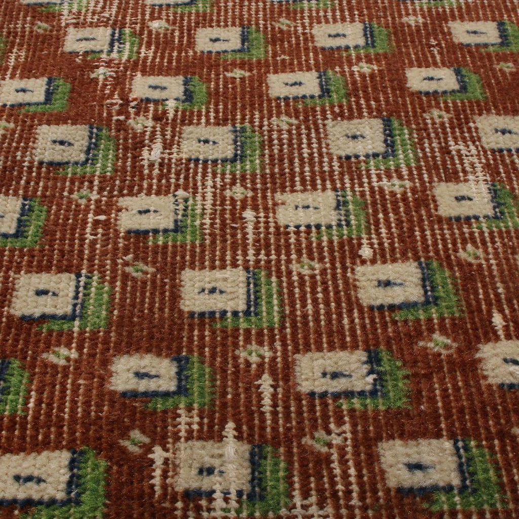 Vintage Mid Century Red And Brown Wool Runner With Green Geometrics 19923