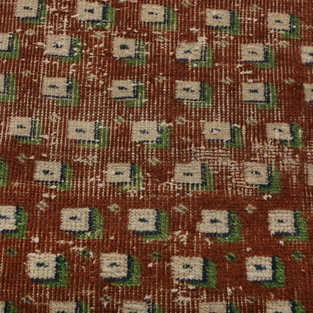 Vintage Mid Century Red And Brown Wool Runner With Green Geometrics 19923