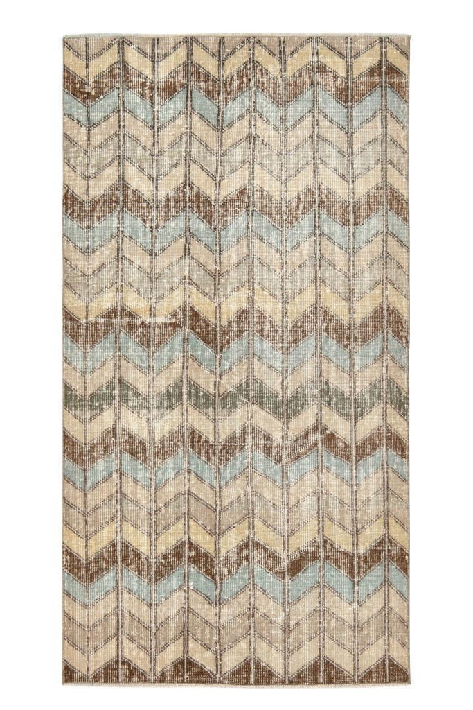 1960S Vintage Zeki Muren Distressed Runner In Beige-Brown, Blue Chevron Pattern