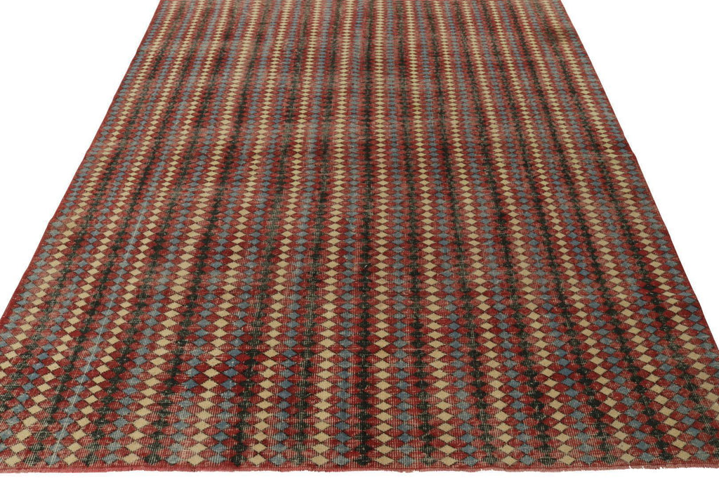 Vintage Zeki Muren Rug In Beige Red Blue Green Geometric Pattern