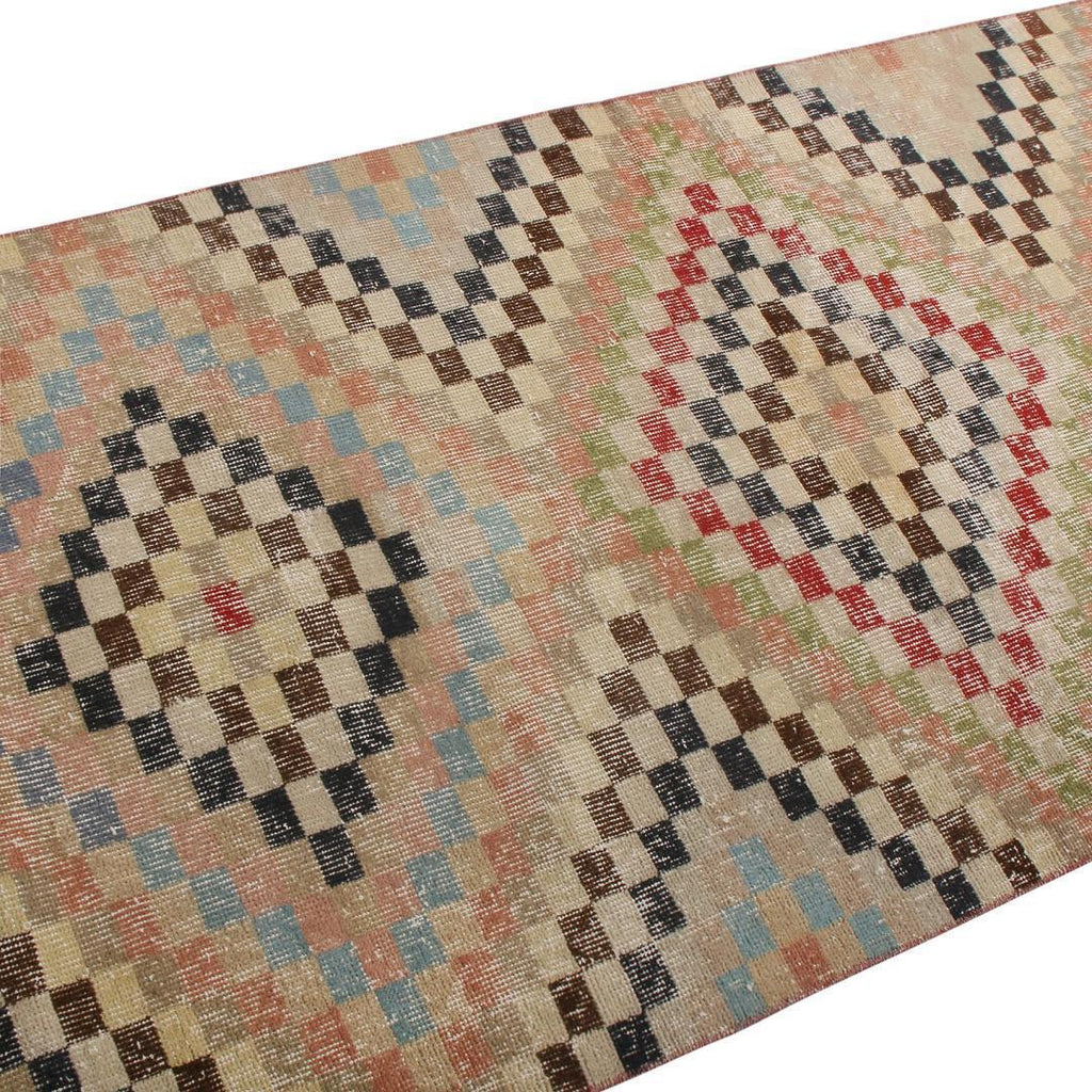 Vintage Mid Century Beige Brown And Pastel Wool Rug With Diamond Pattern 19957