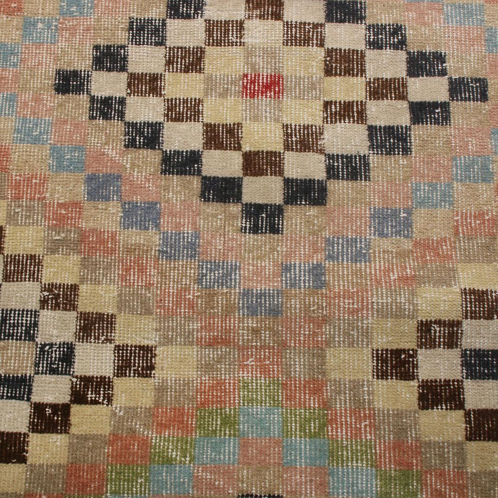 Vintage Mid Century Beige Brown And Pastel Wool Rug With Diamond Pattern 19957