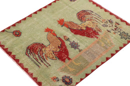 Vintage Zeki Muren Distressed Rug In Green Red Pictorial Rooster Pattern