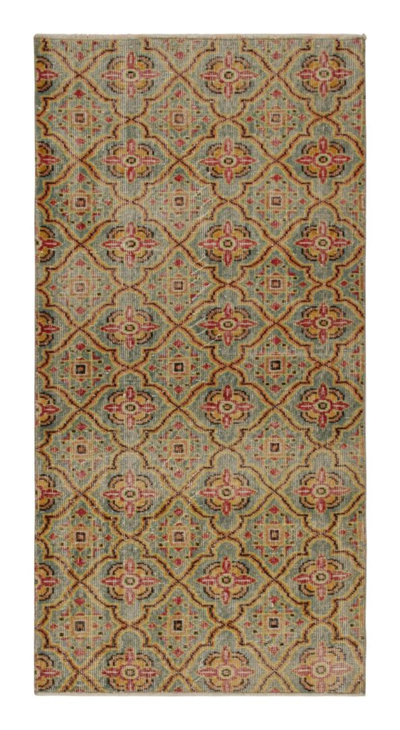 Vintage Zeki Muren Runner Rug In Teal With Trellis Pattern