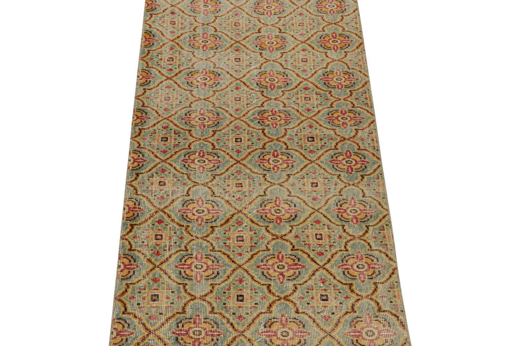 Vintage Zeki Muren Runner Rug In Teal With Trellis Pattern