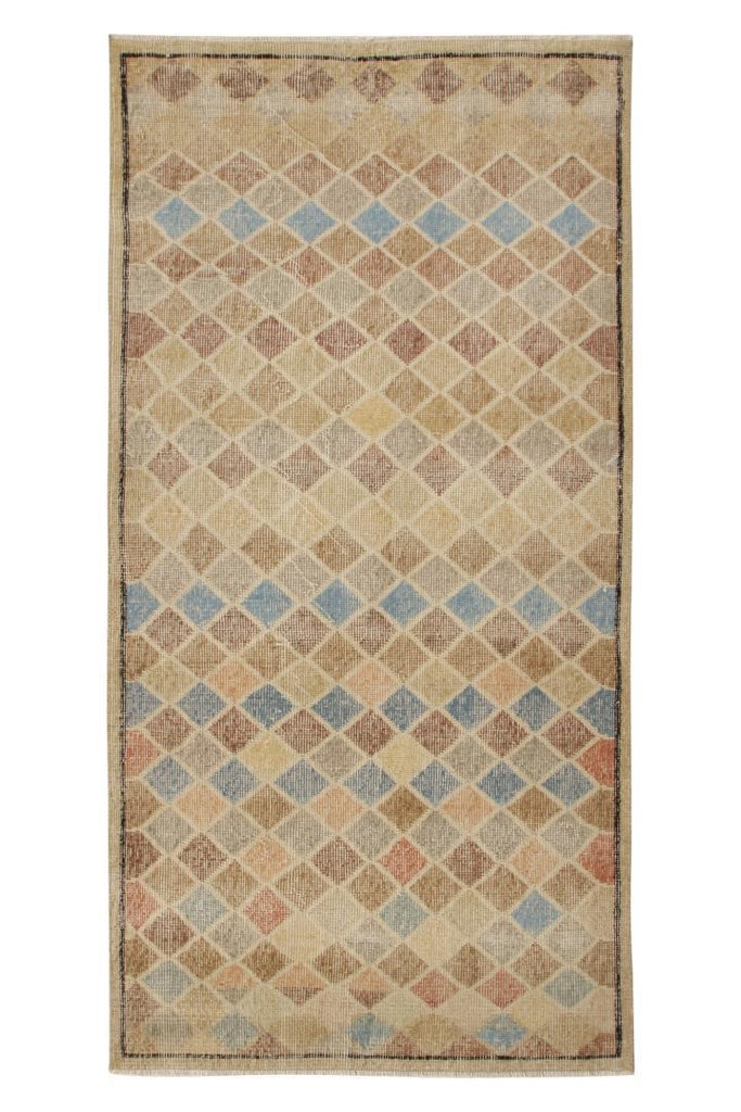 1960S Vintage Zeki Muren Runner In Beige-Brown, Gold And Blue Diamond Pattern