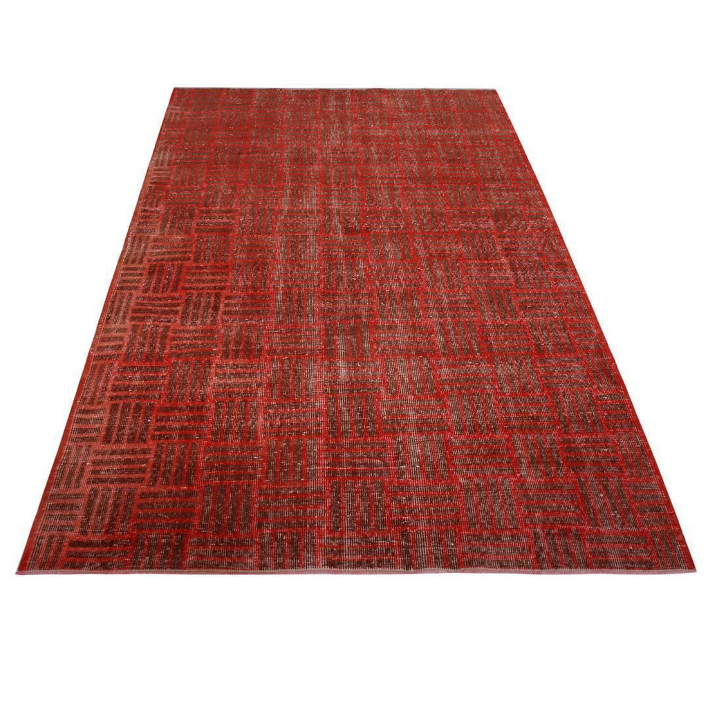 Vintage Mid Century Red And Brown Geometric Wool Rug 19974