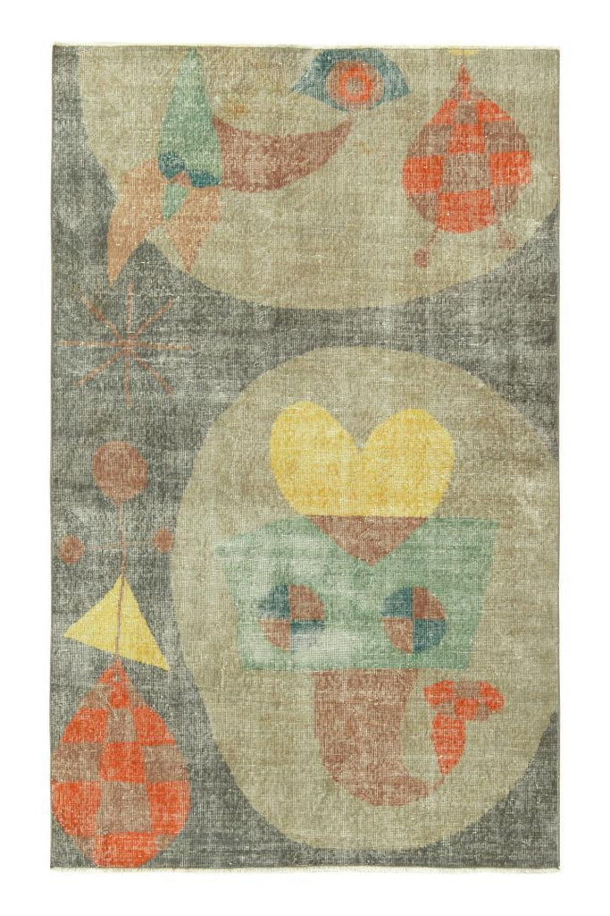 1960S Vintage Zeki Muren Distressed Rug In Gray, Beige-Brown, Art Deco Pattern