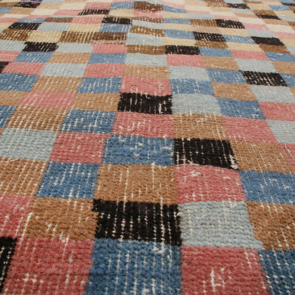 Vintage Mid Century Diamond Pattern Pink And Blue Wool Rug 19981