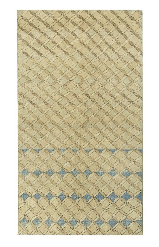 1960S Vintage Distressed Zeki Muren Rug In Beige-Brown, Blue Trellis Pattern