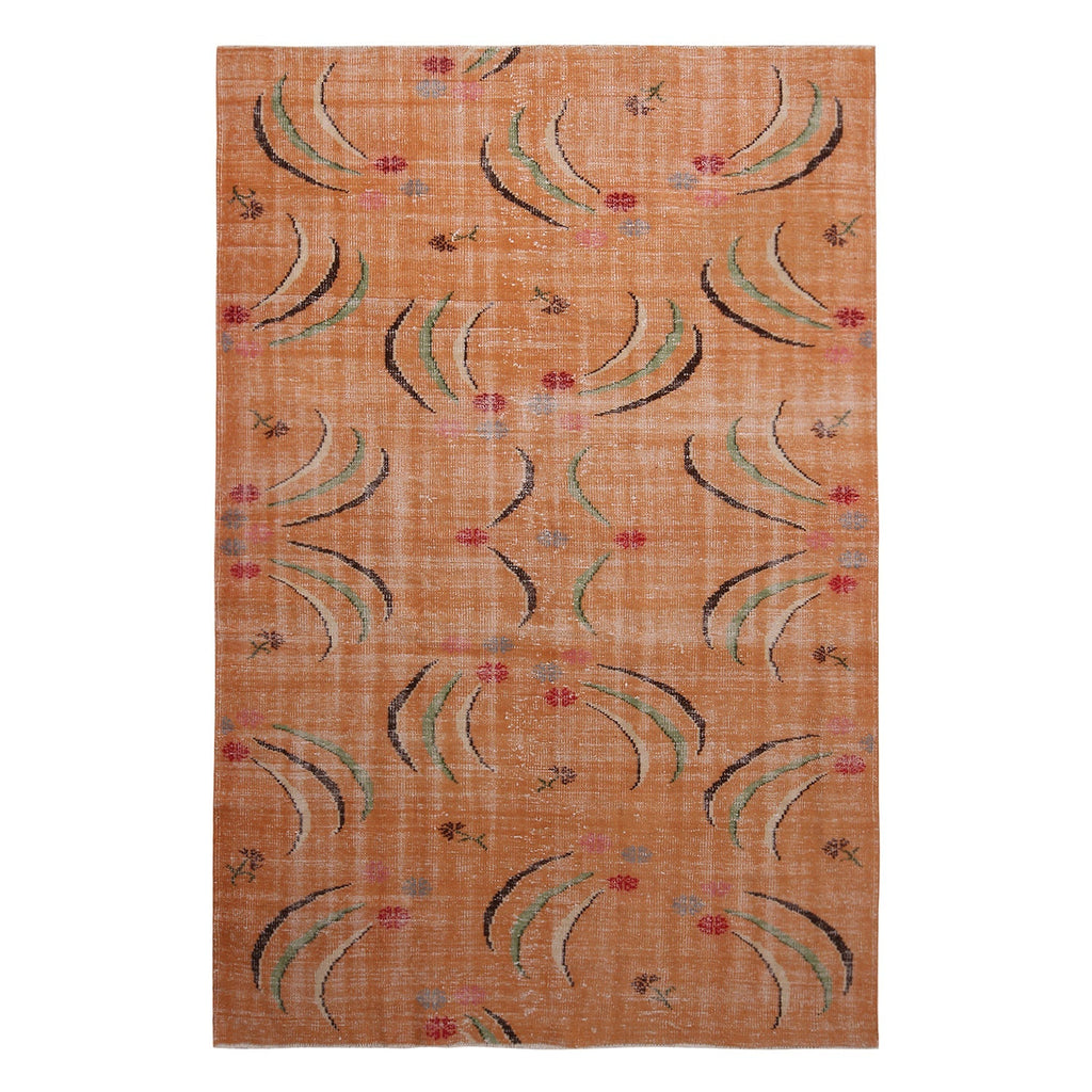 Vintage Mid-Century Peach Pink And Green Geometric Wool Rug - 19993