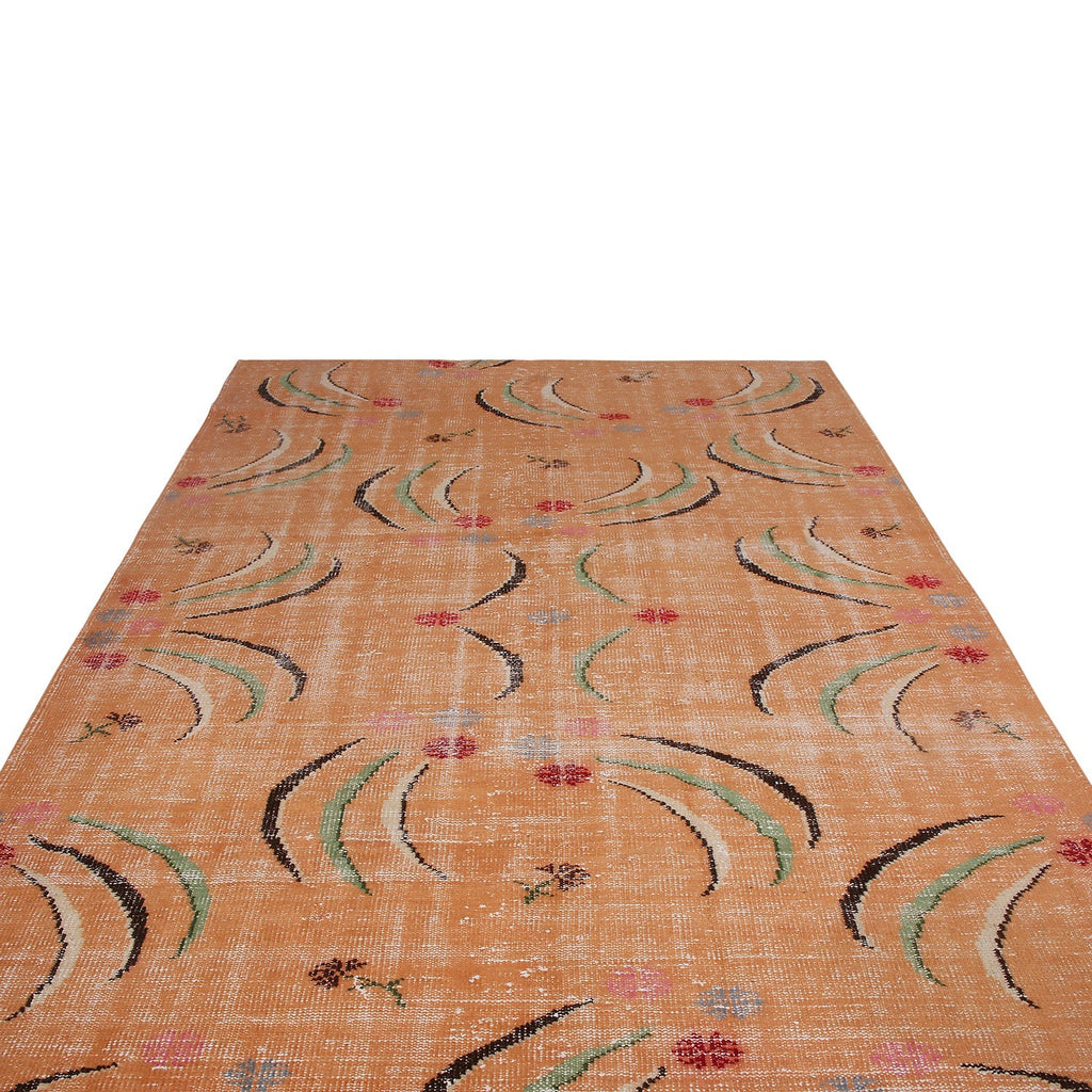 Vintage Mid-Century Peach Pink And Green Geometric Wool Rug - 19993