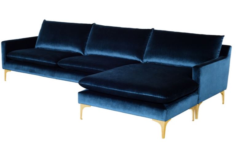 Anders Sectional Sofa - Midnight Blue with Brushed Gold Legs, 117.8in