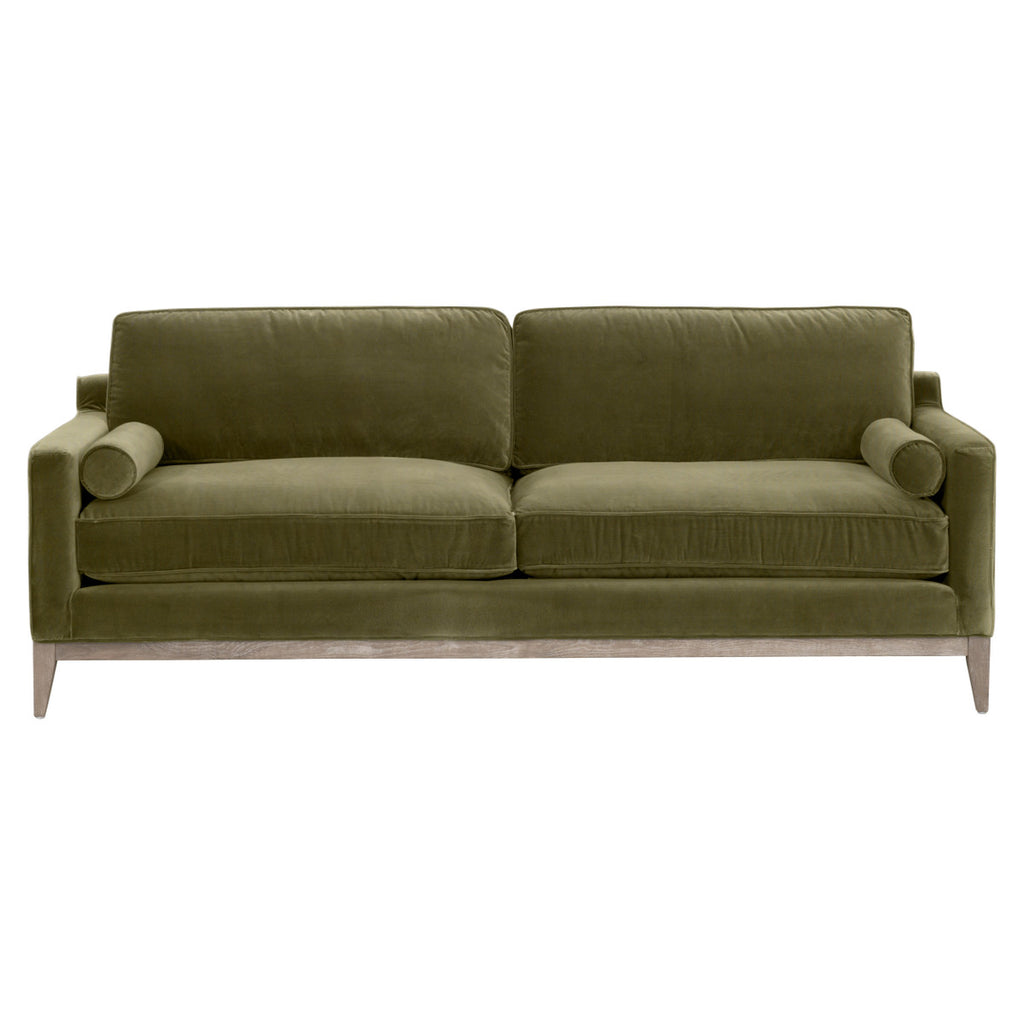 Parker 86" Post Modern Sofa - Olive Velvet, Natural Gray Oak