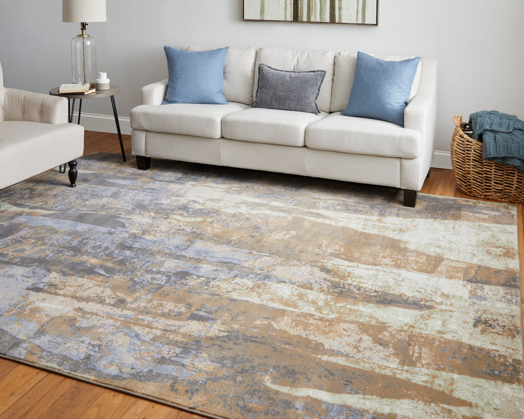 Clio Modern Abstract Brown Blue Ivory Area Rug (9' x 12')