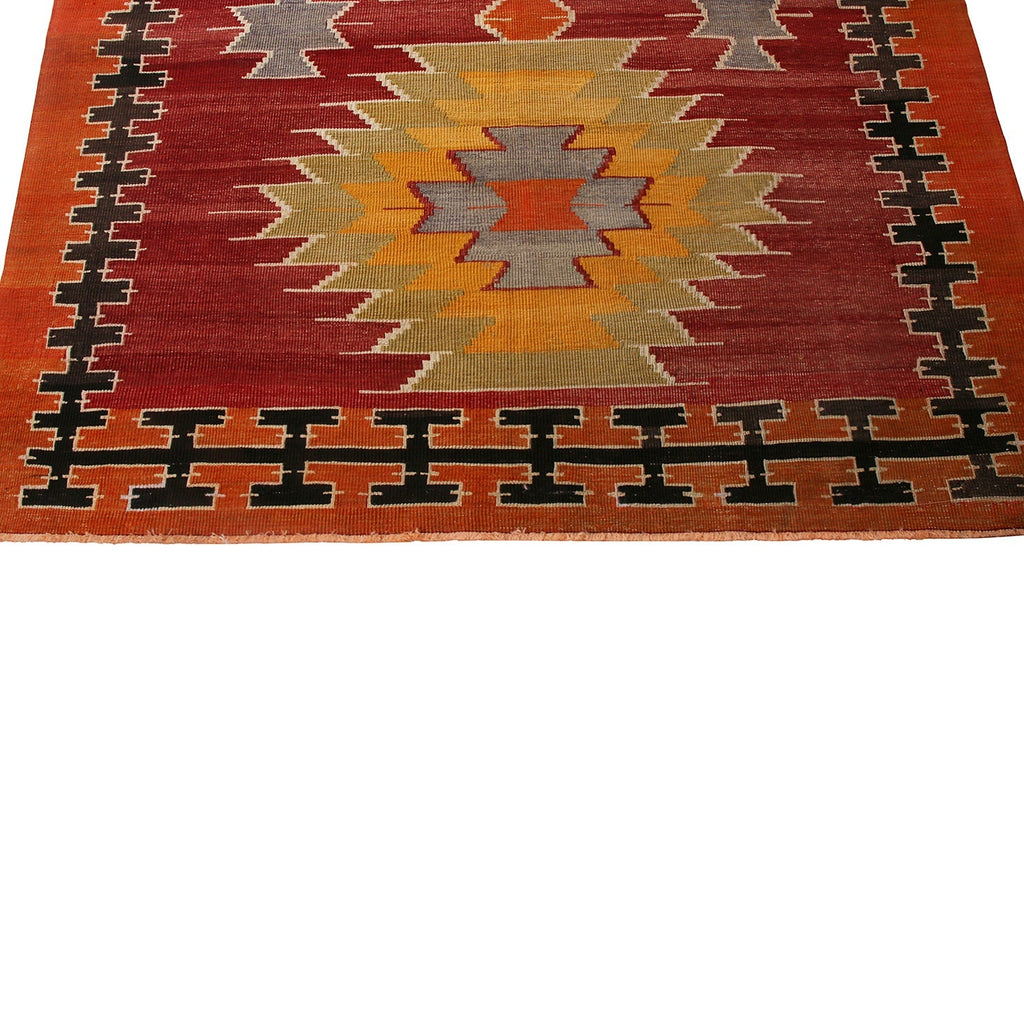 Vintage Mid-Century Mut Red-Orange Wool Tribal Kilim Rug - 20092