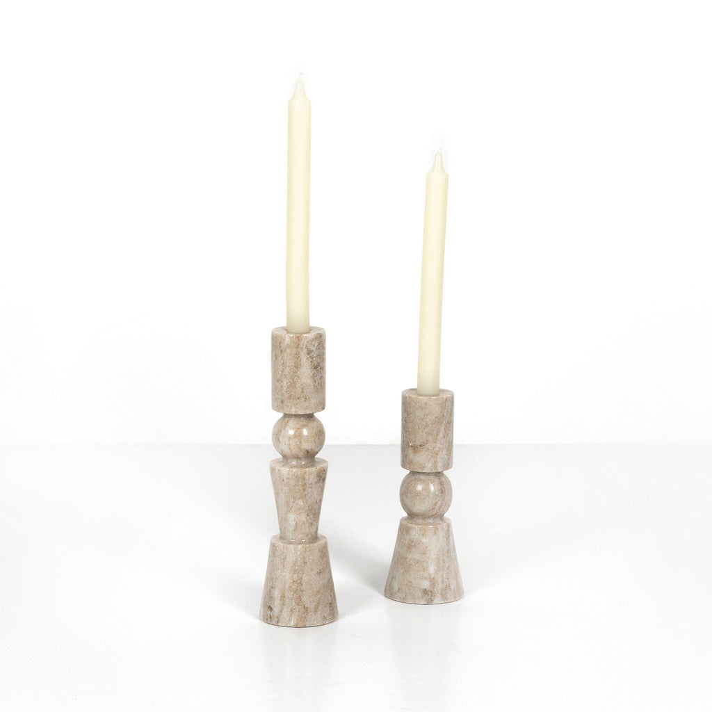 Rosette Taper Candlesticks - Creamy Taupe Marble Solid