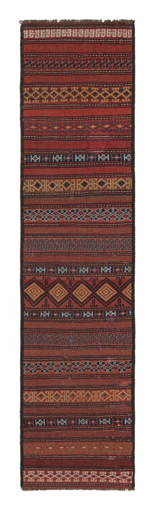 Vintage Kilim Runner Rug In Brick Red With Geometric Patterns