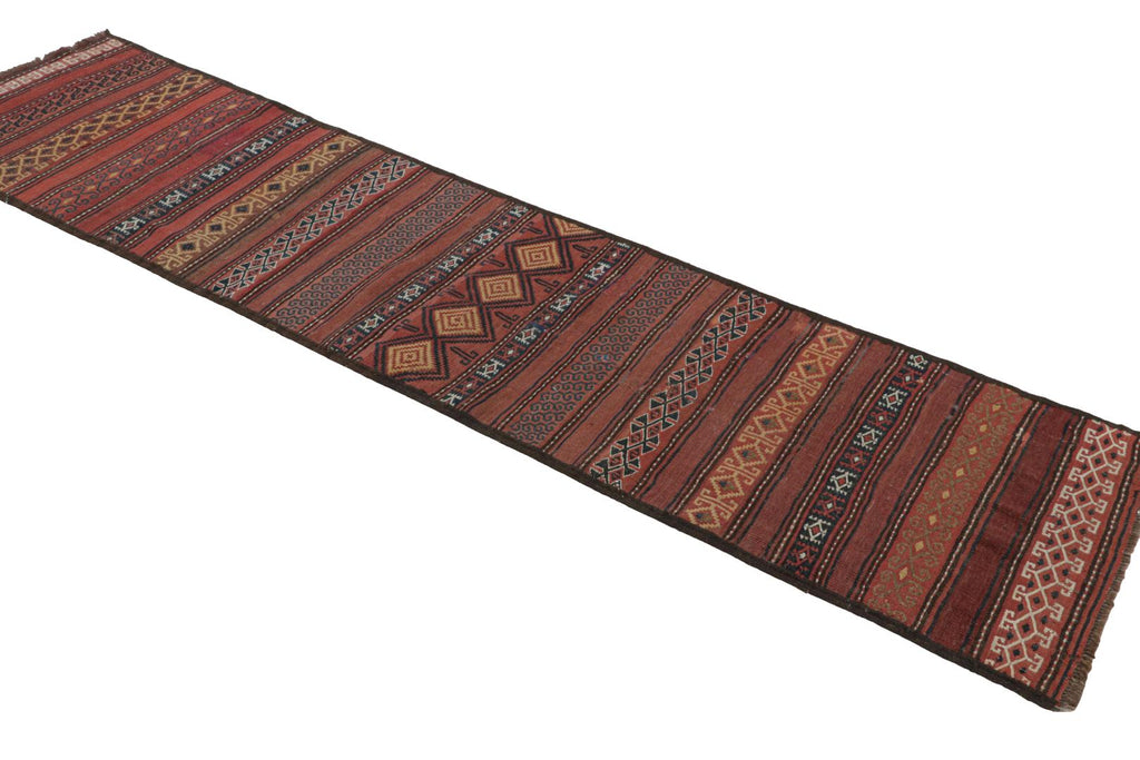 Vintage Kilim Runner Rug In Brick Red With Geometric Patterns