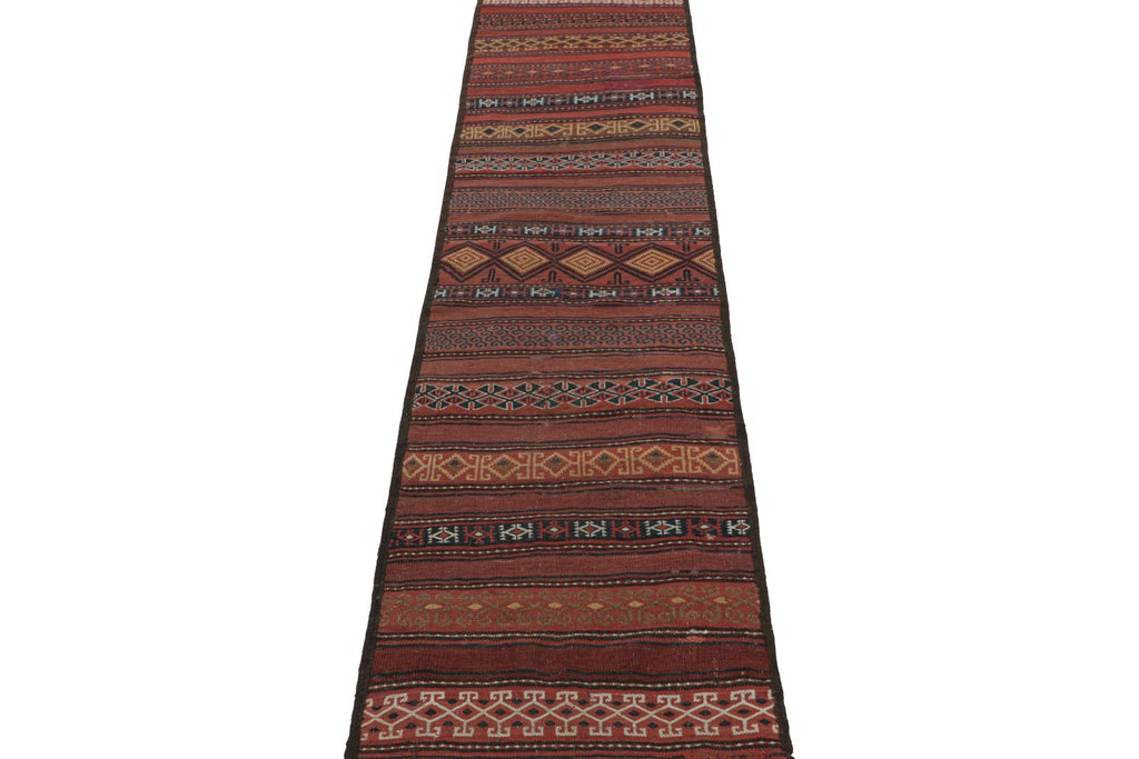 Vintage Kilim Runner Rug In Brick Red With Geometric Patterns