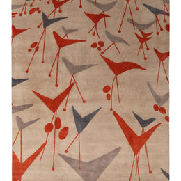 Mid Century Modern Geometric Beige Grey and Red Wool and Silk Custom Rug