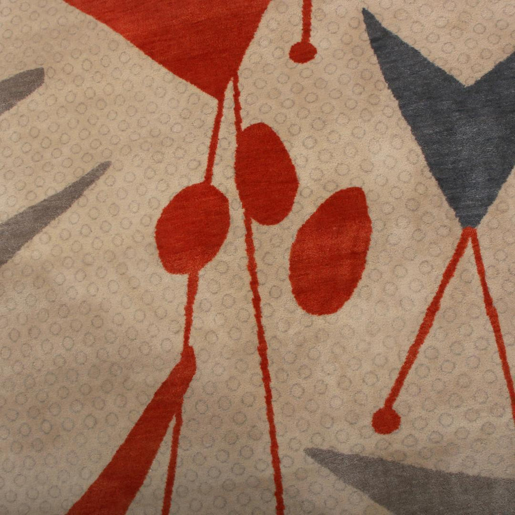 Mid Century Modern Geometric Beige Grey and Red Wool and Silk Custom Rug