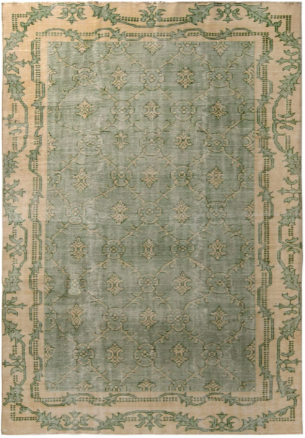 1960s Mid-Century Vintage Distressed Rug Green And Beige French Country Inspired