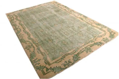 1960s Mid-Century Vintage Distressed Rug Green And Beige French Country Inspired