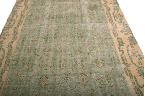 1960s Mid-Century Vintage Distressed Rug Green And Beige French Country Inspired