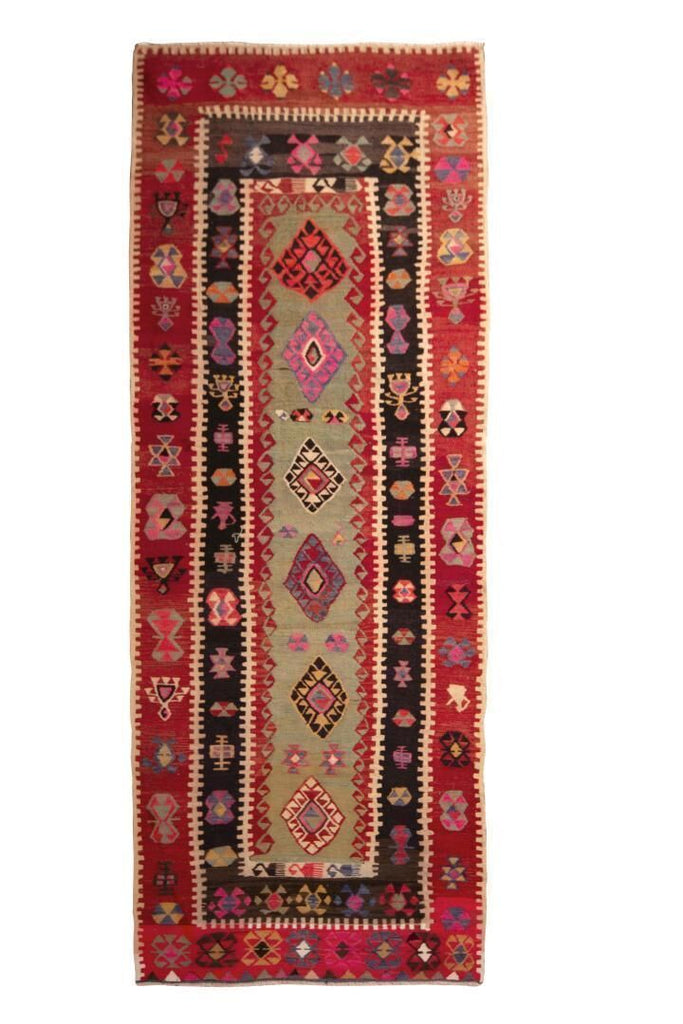 1950s Mid-Century Anatolian Rug Red Green Vintage Tribal Runner