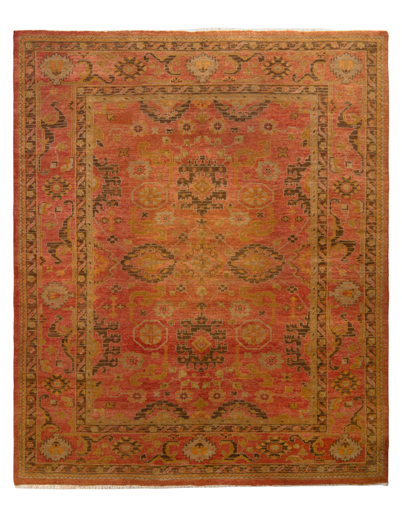 Hand Knotted Vintage Oushak Rug In Red And Brown Geometric Pattern - 23504