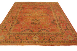 Hand Knotted Vintage Oushak Rug In Red And Brown Geometric Pattern - 23504