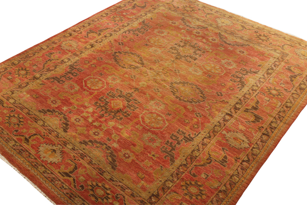 Hand Knotted Vintage Oushak Rug In Red And Brown Geometric Pattern - 23504