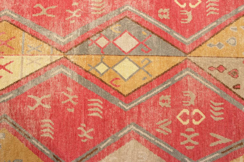 Hand-Knotted Moroccan-Style Rug Red Gold Diamond Pattern - 23514