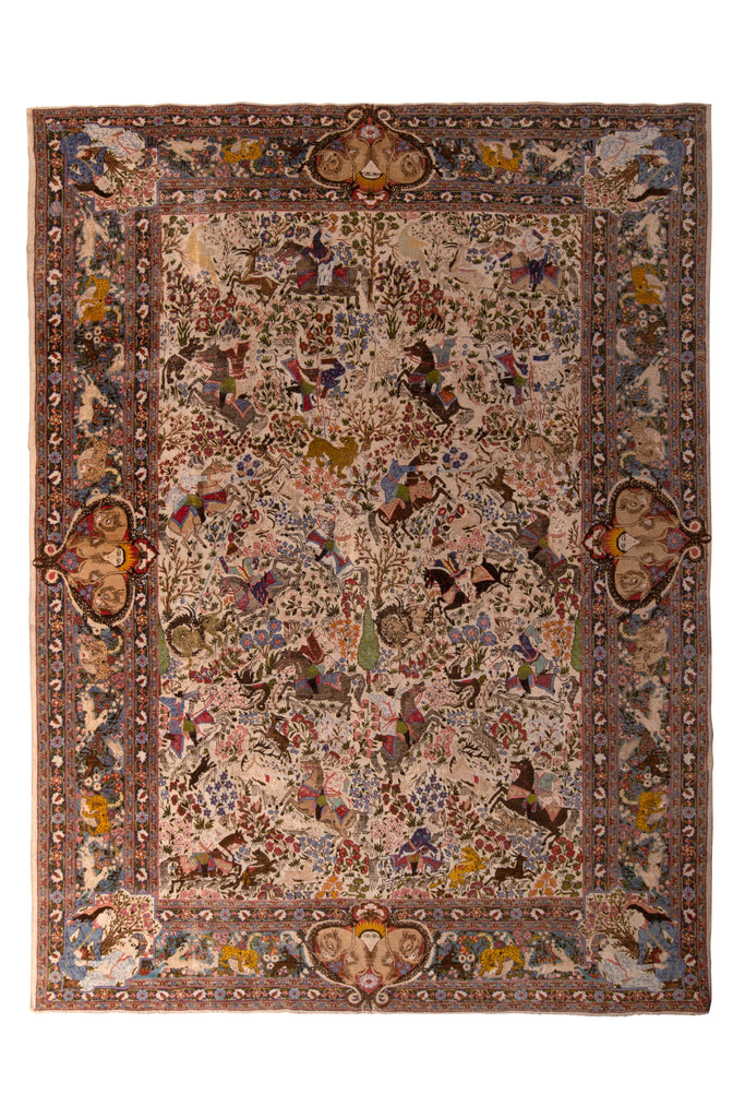 Hand-Knotted Antique Tabriz Style Rug Beige Blue Pictorial All Over Pattern - 23533