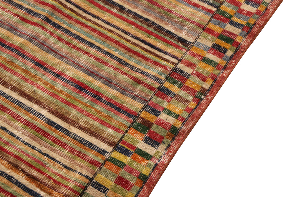 1960S Distressed Mid-Century Rug Beige Red Multicolor Vintage Striped Pattern - 23547