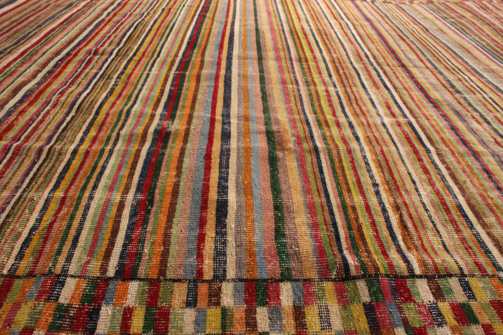 1960S Distressed Mid-Century Rug Beige Red Multicolor Vintage Striped Pattern - 23547