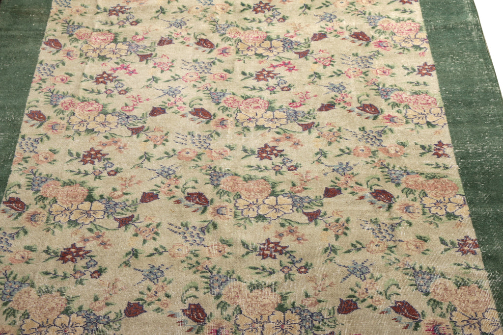 1960S Vintage Mid-Century Rug Pink And Green Transitional Floral Pattern - 23579